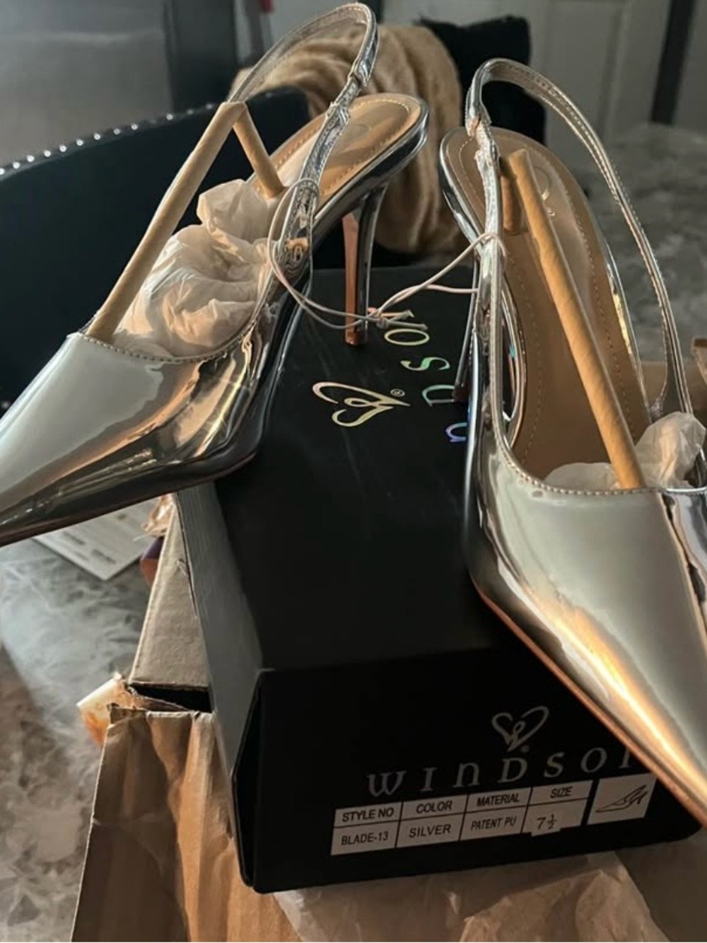 Windsor Metallic Silver Pointed Slingback Heels - Picture 3 of 5